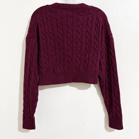 Aritzia Sunday Best Peggy Cropped Wool Blend Cable Knit Sweater in Marooned Red - Picture 2 of 7
